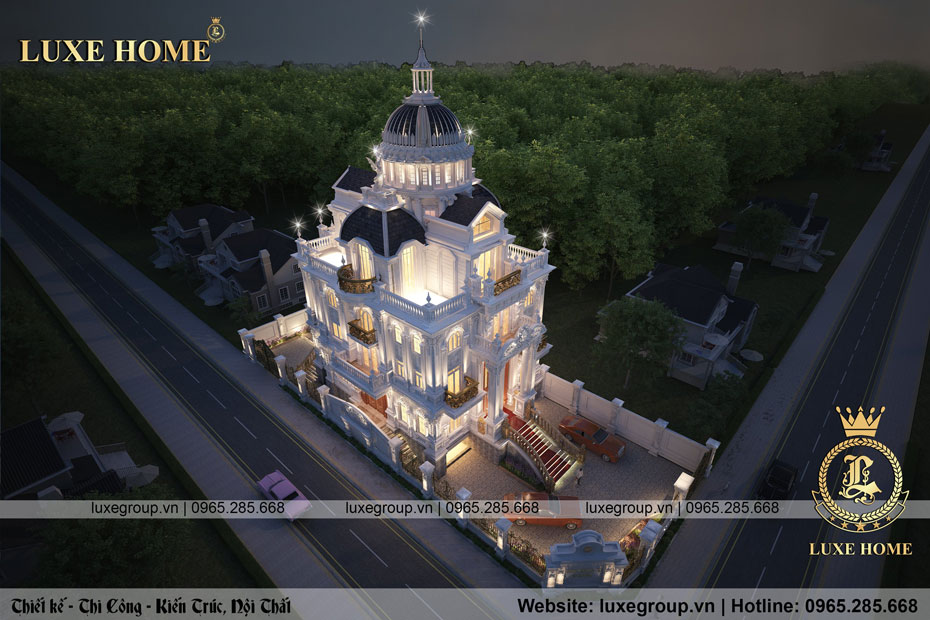 Tổng quan phối cảnh 3D mẫu lâu đài 3 tầng cổ điển Pháp lộng lẫy