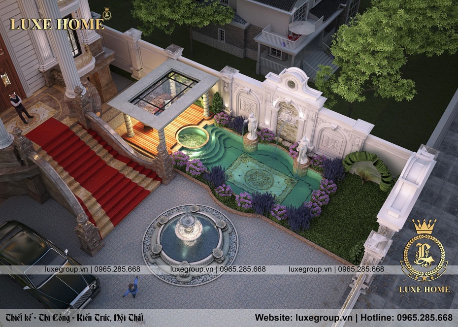 Không gian phối cảnh 3D ngoại thất mẫu lâu đài dinh thự 5 tầng đẹp tinh tế 