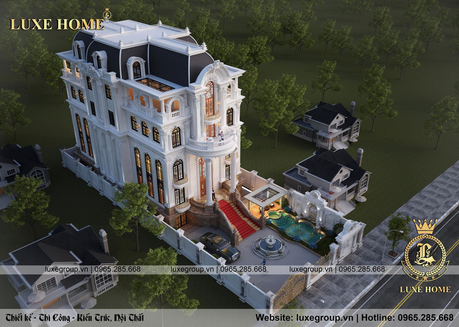 Không gian phối cảnh 3D ngoại thất mẫu lâu đài dinh thự 5 tầng đẹp tinh tế 